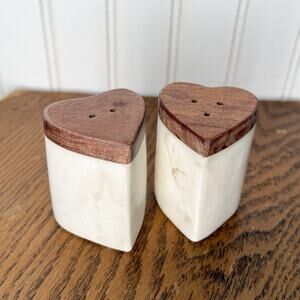 Heart Shaped Salt And Pepper Shakers 3” Tall Heavy MARBLE & WOOD w Stoppers